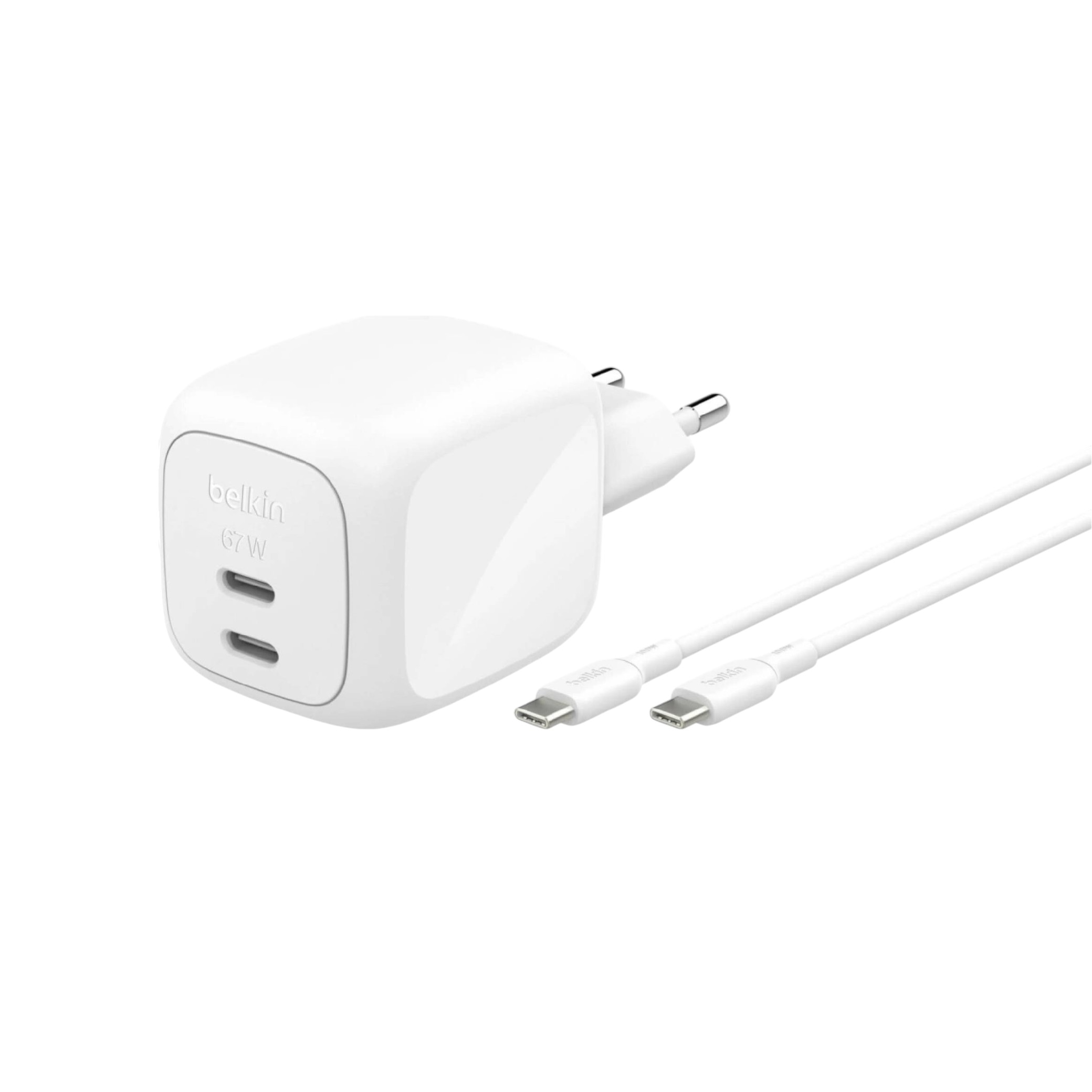 BELKIN Chargeur Secteur 67W 2 Ports USB-C + Câble USB-C vers USB-C 2m (Blanc)