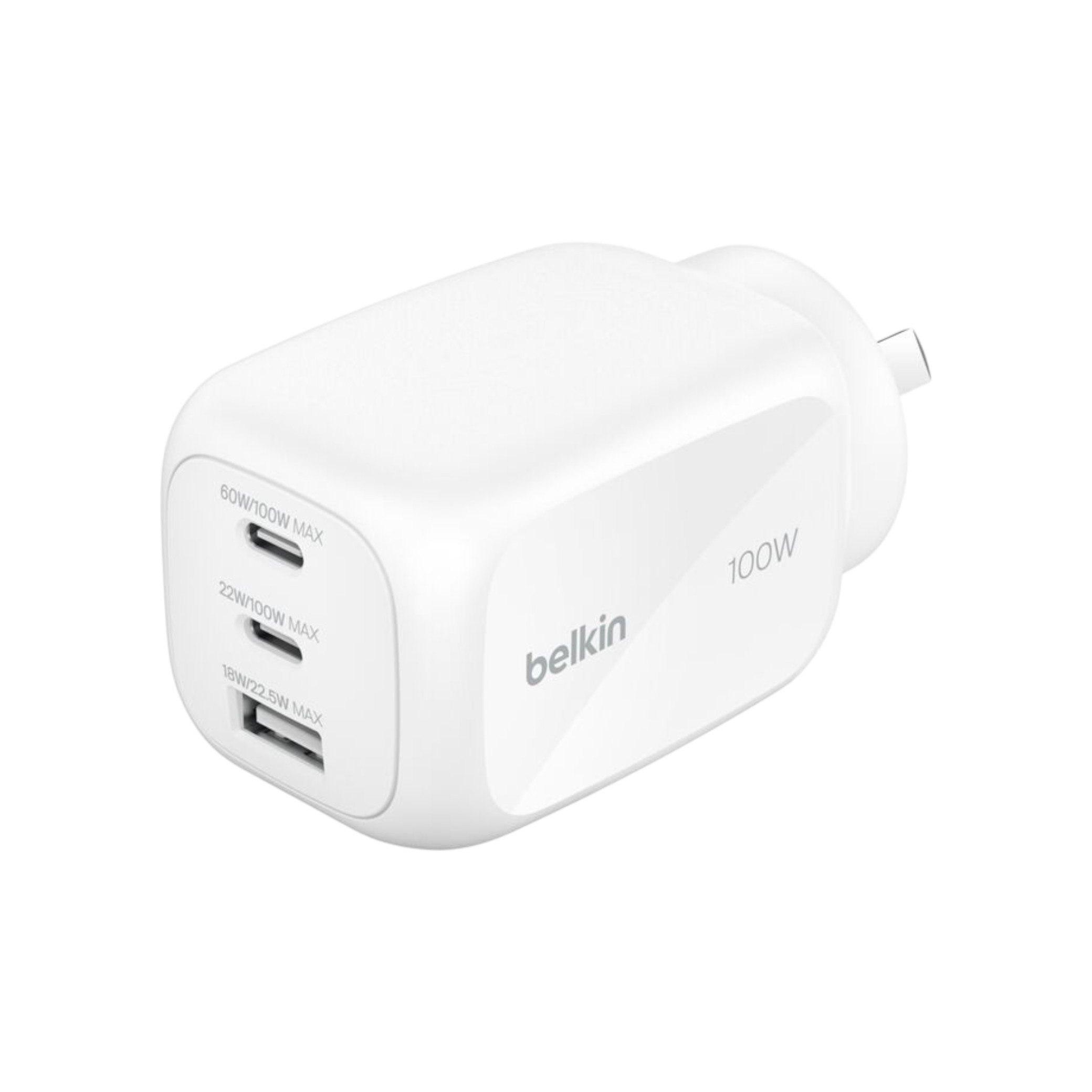 BELKIN Chargeur Secteur GaN 3 Ports 100W Avec Adaptateur Voyage (Blanc)