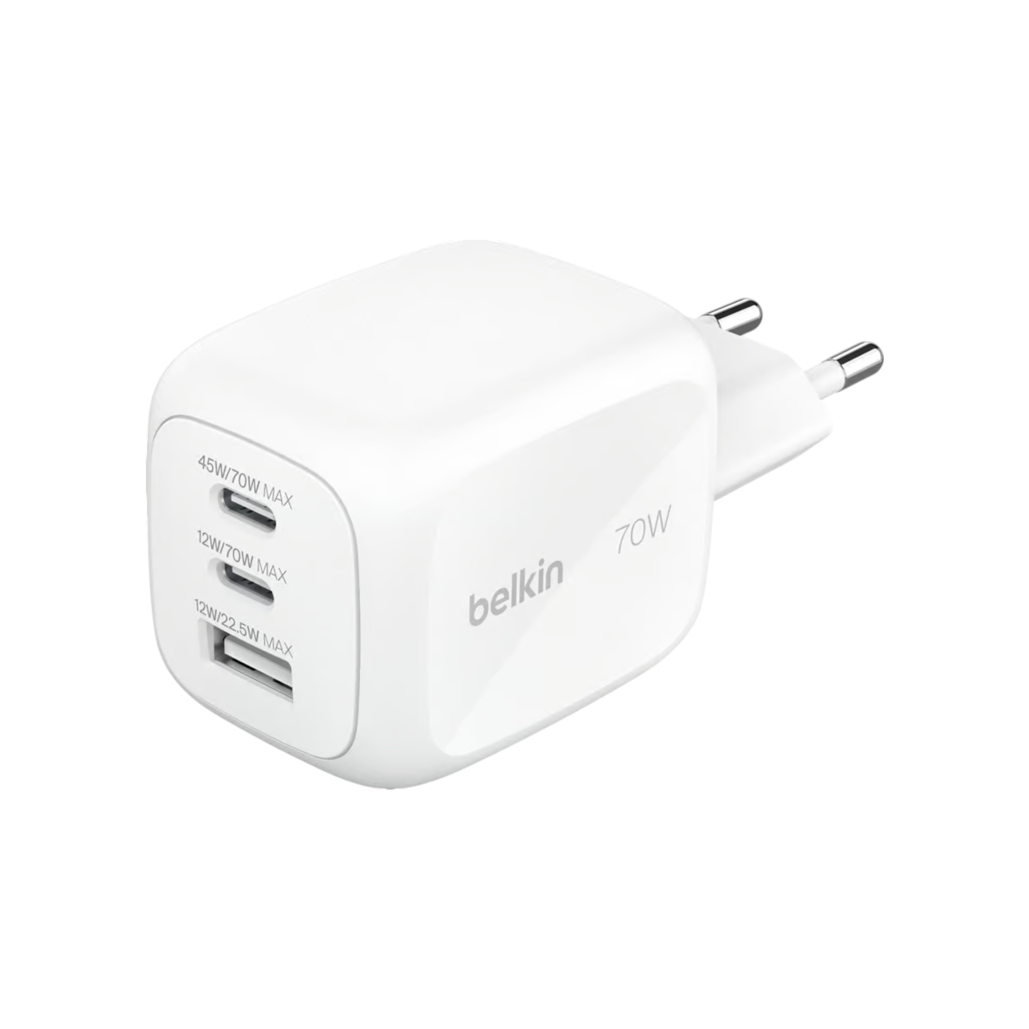 BELKIN Chargeur Secteur GaN 3 Ports 70W Avec Adaptateurs Voyage (Blanc)